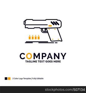 Company Name Logo Design For gun, handgun, pistol, shooter, weapon. Purple and yellow Brand Name Design with place for Tagline. Creative Logo template for Small and Large Business.