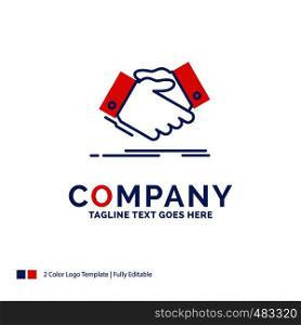 Company Name Logo Design For handshake, hand shake, shaking hand, Agreement, business. Blue and red Brand Name Design with place for Tagline. Abstract Creative Logo template for Small and Large Business.