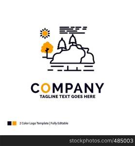 Company Name Logo Design For hill, landscape, nature, mountain, rain. Purple and yellow Brand Name Design with place for Tagline. Creative Logo template for Small and Large Business.
