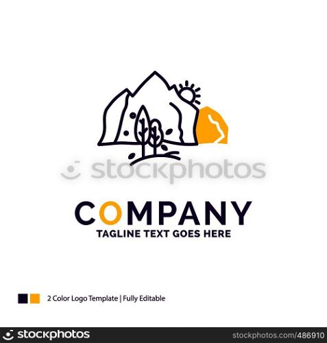 Company Name Logo Design For hill, landscape, nature, mountain, tree. Purple and yellow Brand Name Design with place for Tagline. Creative Logo template for Small and Large Business.