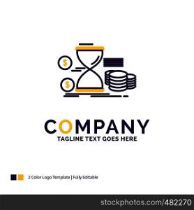 Company Name Logo Design For Hourglass, management, money, time, coins. Purple and yellow Brand Name Design with place for Tagline. Creative Logo template for Small and Large Business.