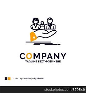Company Name Logo Design For insurance, health, family, life, hand. Purple and yellow Brand Name Design with place for Tagline. Creative Logo template for Small and Large Business.