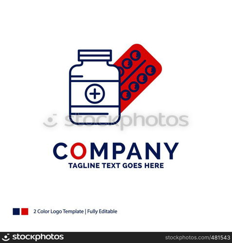 Company Name Logo Design For medicine, Pill, capsule, drugs, tablet. Blue and red Brand Name Design with place for Tagline. Abstract Creative Logo template for Small and Large Business.