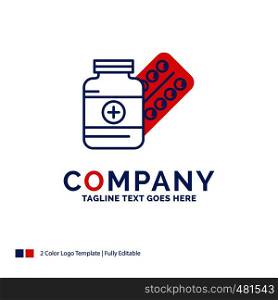 Company Name Logo Design For medicine, Pill, capsule, drugs, tablet. Blue and red Brand Name Design with place for Tagline. Abstract Creative Logo template for Small and Large Business.