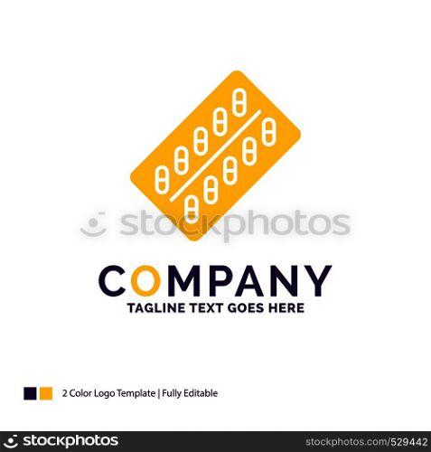 Company Name Logo Design For medicine, Pill, drugs, tablet, packet. Purple and yellow Brand Name Design with place for Tagline. Creative Logo template for Small and Large Business.