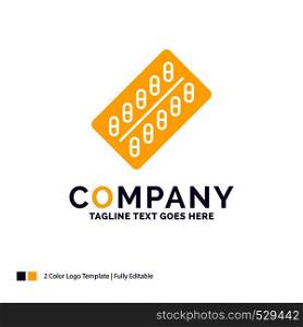 Company Name Logo Design For medicine, Pill, drugs, tablet, packet. Purple and yellow Brand Name Design with place for Tagline. Creative Logo template for Small and Large Business.