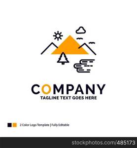 Company Name Logo Design For Mountains, Nature, Outdoor, Clouds, Sun. Purple and yellow Brand Name Design with place for Tagline. Creative Logo template for Small and Large Business.
