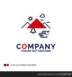 Company Name Logo Design For Mountains, Nature, Outdoor, Clouds, Sun. Blue and red Brand Name Design with place for Tagline. Abstract Creative Logo template for Small and Large Business.