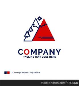 Company Name Logo Design For Mountains, Nature, Outdoor, Sun, Hiking. Blue and red Brand Name Design with place for Tagline. Abstract Creative Logo template for Small and Large Business.