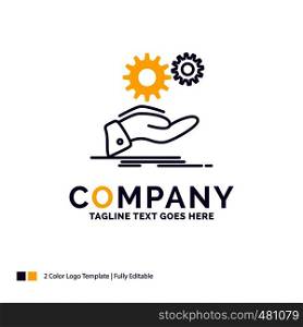 Company Name Logo Design For solution, hand, idea, gear, services. Purple and yellow Brand Name Design with place for Tagline. Creative Logo template for Small and Large Business.