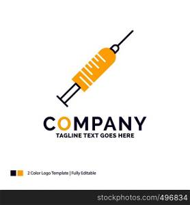 Company Name Logo Design For syringe, injection, vaccine, needle, shot. Purple and yellow Brand Name Design with place for Tagline. Creative Logo template for Small and Large Business.