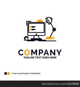 Company Name Logo Design For workplace, workstation, office, lamp, computer. Purple and yellow Brand Name Design with place for Tagline. Creative Logo template for Small and Large Business.