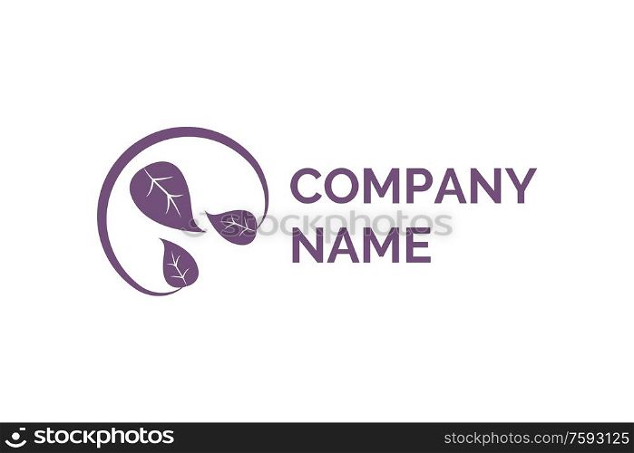 Company name, simple logo design element, purple leaves isolated on white, emblem or branding. Flat design style of stamp, creative modern idea vector. Creative Modern Idea of Company Logo Flat Vector