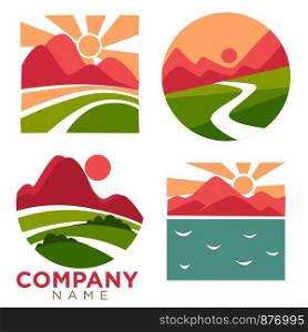 Company nature, and landscapes high mountains set vector. Roads and path leading to hills and sunset. Sunshine on natural area without people, empty places to enjoy sea and ocean water waves. Company nature, and landscapes high mountains set vector