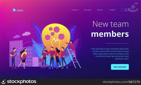 Company newcomers, personnel, staff. New team members, adaptation of new employees, first days in company, new employees training concept. Website homepage landing web page template.. New team members concept landing page