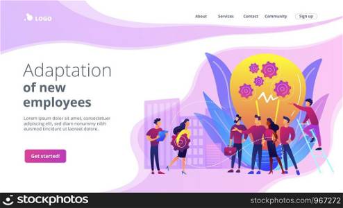 Company newcomers, personnel, staff. New team members, adaptation of new employees, first days in company, new employees training concept. Website homepage landing web page template.. New team members concept landing page
