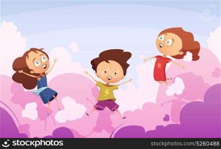 Company Of Playful Kids Jumping Against Rose Clouds . Active company of playful preschool kids jumping against sky in rose clouds flat vector illustration in cartoon style