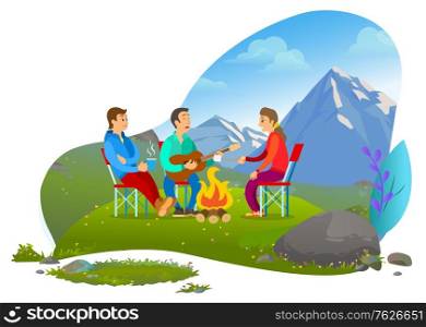 Company of young people at picnic roasting marshmallows on fire, playing guitar and singing. Mountain landscape, hiking and recreation vector illustration. Mountain tourism. Flat cartoon. Mountain picnic, Recreation Vector Image