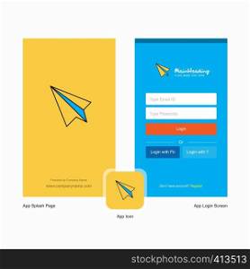 Company Paper plane Splash Screen and Login Page design with Logo template. Mobile Online Business Template