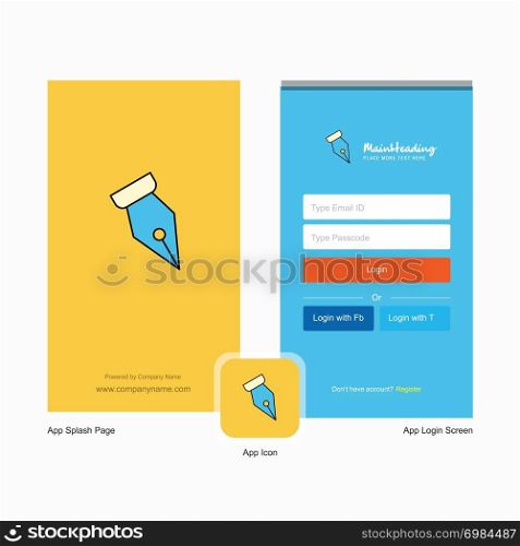 Company Pen nib Splash Screen and Login Page design with Logo template. Mobile Online Business Template