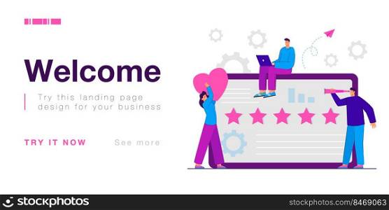 Company people studying analytics and customer feedback. SEO management, digital marketing flat vector illustration. Brand reputation, social media concept for banner, website design or landing page