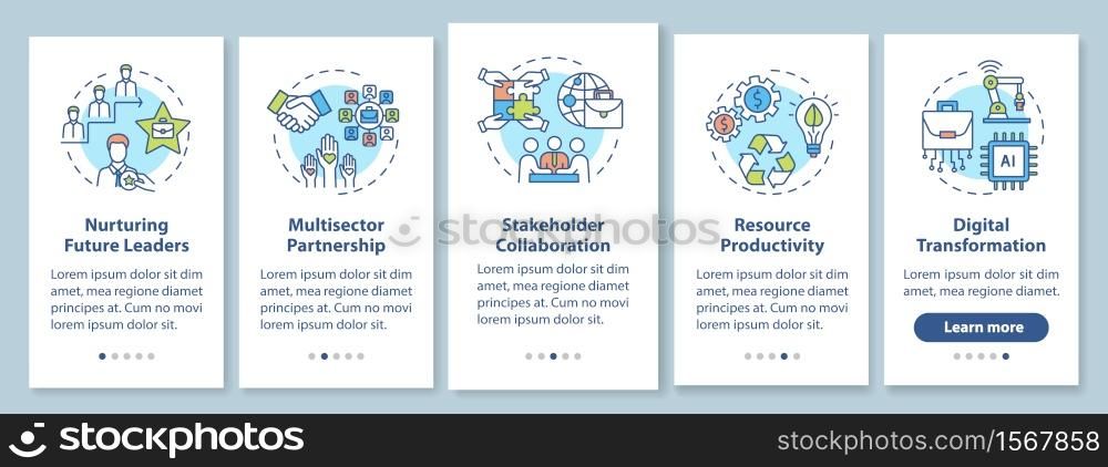 Company performance improvement onboarding mobile app page screen with concepts. Responsible business walkthrough 5 steps graphic instructions. UI vector template with RGB color illustrations. Company performance improvement onboarding mobile app page screen with concepts