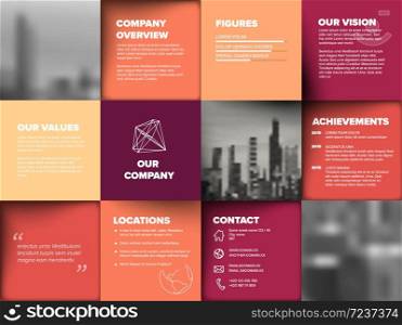 Company profile template - corporation main information presentation - red version with black and white photo placeholders. Company profile template