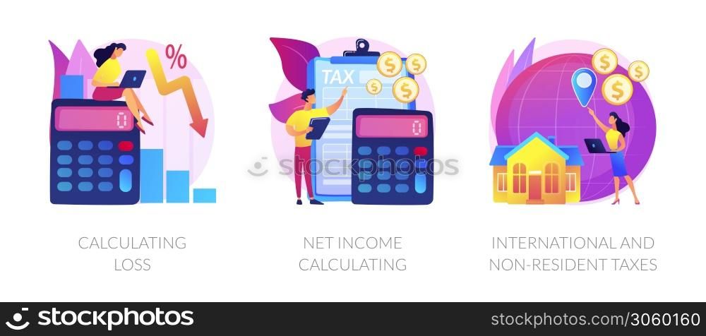 Company profit and loss flat icons set. Investment taxation. Calculating loss, calculating net income, international and non-resident taxes metaphors. Vector isolated concept metaphor illustrations. Financial loss and income vector concept metaphors