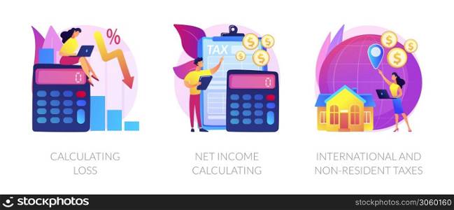 Company profit and loss flat icons set. Investment taxation. Calculating loss, calculating net income, international and non-resident taxes metaphors. Vector isolated concept metaphor illustrations. Financial loss and income vector concept metaphors