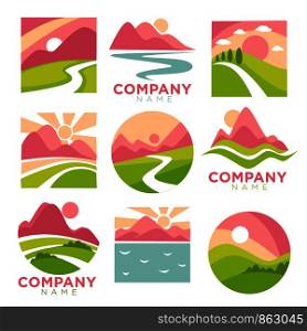 Company promotional logotypes set with landscapes and sunset. High mountains, green field, round sun and water on commercial emblems isolated cartoon flat vector illustrations on white background.. Company promotional logotypes set with landscapes and sunset