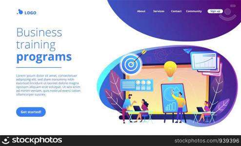 Company providing management training and office space. Business incubator, business training programs, shared administrative service concept. Website vibrant violet landing web page template.. Business incubator concept landing page.