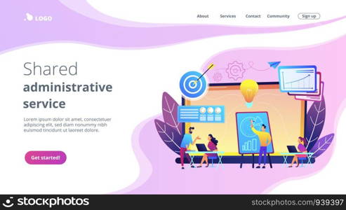 Company providing management training and office space. Business incubator, business training programs, shared administrative service concept. Website vibrant violet landing web page template.. Business incubator concept landing page.