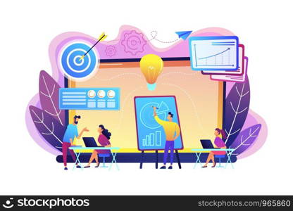 Company providing management training and office space. Business incubator, business training programs, shared administrative service concept. Bright vibrant violet vector isolated illustration. Business incubator concept vector illustration.