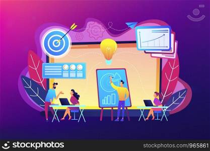 Company providing management training and office space. Business incubator, business training programs, shared administrative service concept. Bright vibrant violet vector isolated illustration. Business incubator concept vector illustration.
