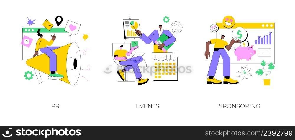 Company public relations abstract concept vector illustration set. PR, events and sponsoring, promotion strategy, event calendar, company investment program, website menu bar abstract metaphor.. Company public relations abstract concept vector illustrations.
