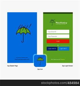 Company Raining and Umbrella Splash Screen and Login Page design with Logo template. Mobile Online Business Template