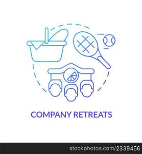 Company retreats blue gradient concept icon. Corporate recreation events. HR organizing skills abstract idea thin line illustration. Isolated outline drawing. Myriad Pro-Bold font used. Company retreats blue gradient concept icon