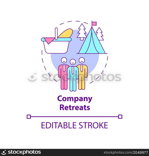 Company retreats concept icon. Work getaway. Camping. Outdoor event abstract idea thin line illustration. Isolated outline drawing. Editable stroke. Roboto-Medium, Myriad Pro-Bold fonts used. Company retreats concept icon