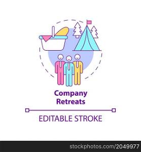 Company retreats concept icon. Work getaway. Camping. Outdoor event abstract idea thin line illustration. Isolated outline drawing. Editable stroke. Roboto-Medium, Myriad Pro-Bold fonts used. Company retreats concept icon