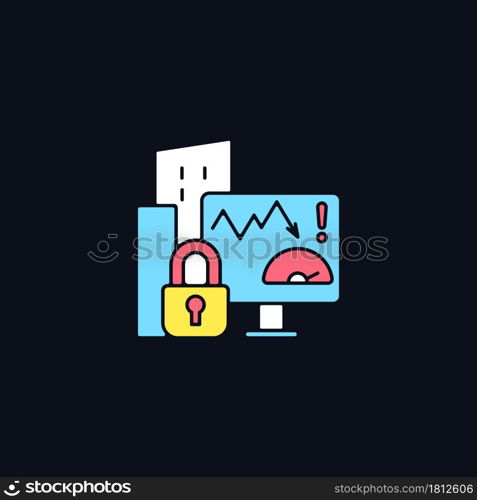 Company risk scoring privacy RGB color icon for dark theme. Analyzing suspicious factors. Risk management. Isolated vector illustration on night mode background. Simple filled line drawing on black. Company risk scoring privacy RGB color icon for dark theme