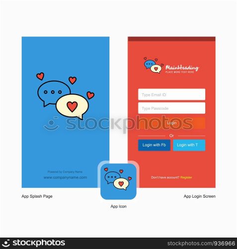 Company Romantic chat Splash Screen and Login Page design with Logo template. Mobile Online Business Template