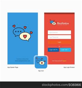 Company Romantic chat Splash Screen and Login Page design with Logo template. Mobile Online Business Template
