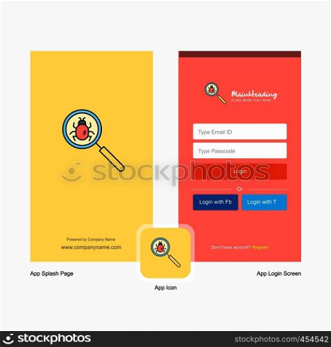 Company Search bug Splash Screen and Login Page design with Logo template. Mobile Online Business Template