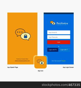 Company Secure chat Splash Screen and Login Page design with Logo template. Mobile Online Business Template