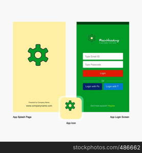 Company Setting gear Splash Screen and Login Page design with Logo template. Mobile Online Business Template