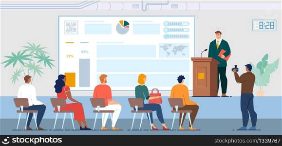 Company Shareholders Report, Business Meeting with Investors, Seminar or Courses for Employees Concept. Businessman Public Speech for Audience, Project Presentation Trendy Flat Vector Illustration