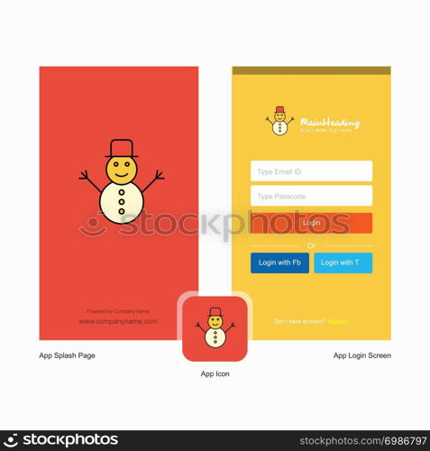 Company Snowman Splash Screen and Login Page design with Logo template. Mobile Online Business Template