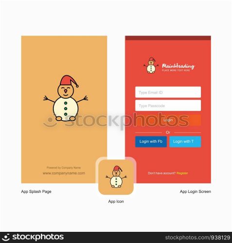 Company Snowman Splash Screen and Login Page design with Logo template. Mobile Online Business Template