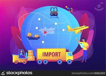 Company specializing in foreign products. Import of goods and services, import goods services, international sales process concept. Bright vibrant violet vector isolated illustration. Import of goods and services concept vector illustration