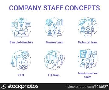 Company staff concept icons set. Corporate personnel, workforce idea thin line illustrations. CEO & board of directors. Human resources management. Vector isolated outline drawings